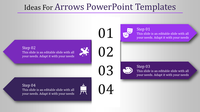 Four purple arrows PPT slide showcasing sequential steps with icons and text for clear process visualization.