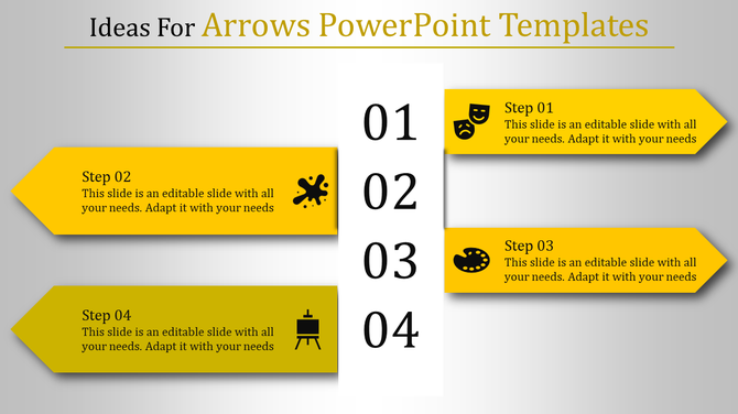 Yellow themed four step arrows PowerPoint template with text and numbered sequence for process representation with icons.