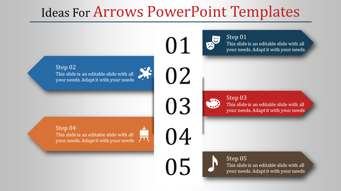 Arrow PowerPoint template with five steps, each highlighted in different colors blue, orange, red, and brown with icons.