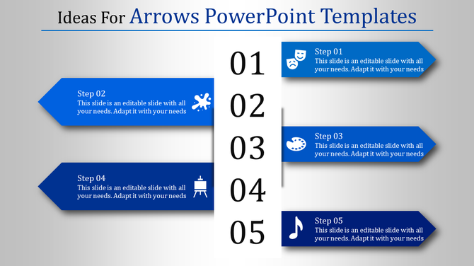 Blue arrows PowerPoint template showcasing five steps with numbers and icons with placeholder text.