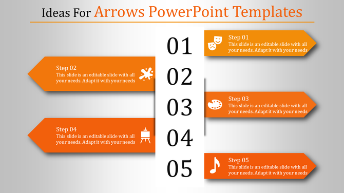 Orange themed PowerPoint slide showcasing arrow designs for five steps, each paired with text and icons.