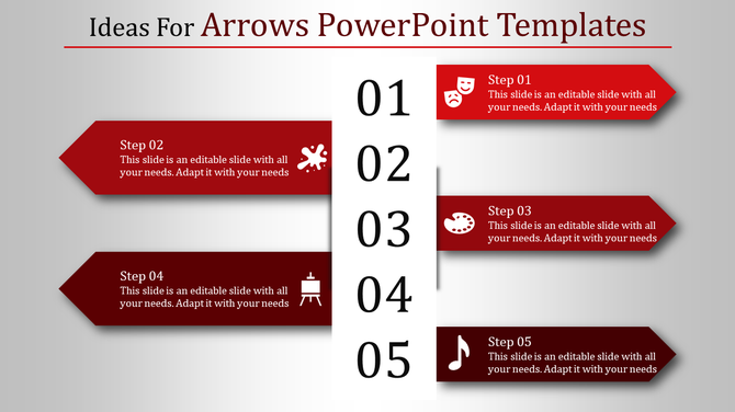 A PowerPoint slide with five numbered steps, each with a red arrow and a unique icon with placeholder text.