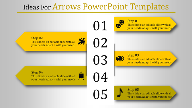 A PowerPoint slide with five numbered steps, each with a yellow arrow and a unique icon with placeholder text.