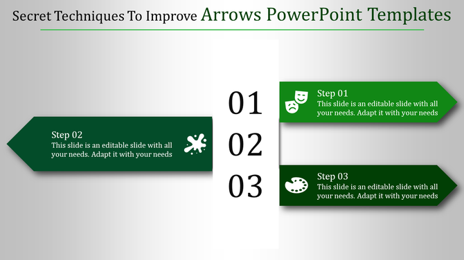 Green arrows PowerPoint template showcasing three steps with numbers, icons, and placeholder text.