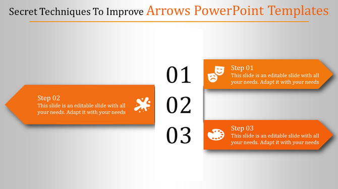 Three step orange arrows PowerPoint template with text and icons, showcasing a sleek and modern design.