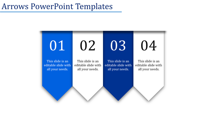 Arrows PowerPoint slide with four vertical banners, alternating blue and white colors, numbered 1 to 4 with text.