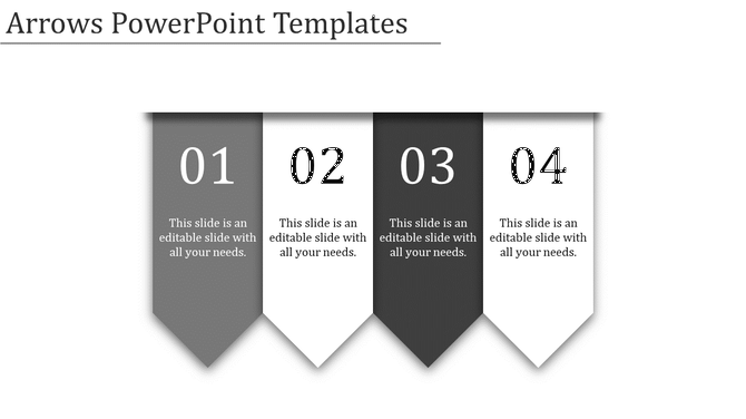 A PowerPoint slide with four numbered steps, each with an arrow and a unique icon with placeholder text.