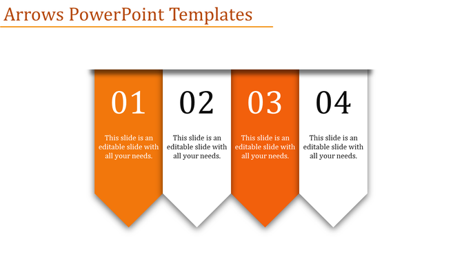 A PowerPoint slide with four numbered steps, each with orange and white arrows with placeholder text.