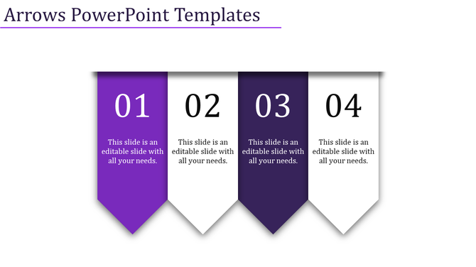 Arrows PowerPoint template featuring numbered sections 01 to 04 with purple and white color themes with placeholder text.