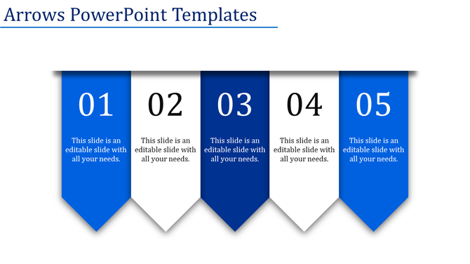 A PowerPoint slide with five numbered steps, each with a blue and white arrow and a unique icon with placeholder text.
