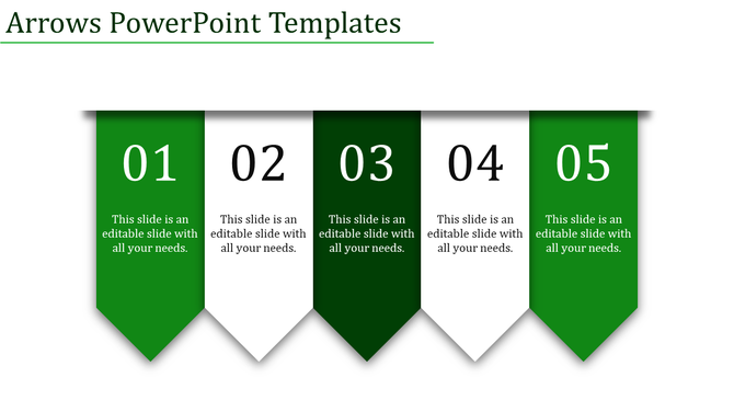 Arrows PowerPoint slide featuring a sequence of green and white downward pointing shapes with text.