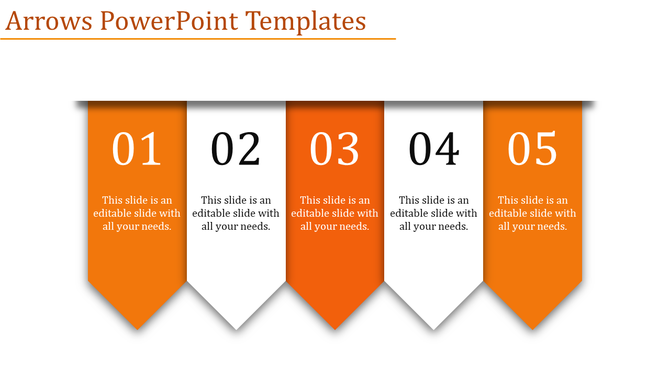 Five vertical arrow banners in orange and white with numbers, creating a minimalist layout on a light background.