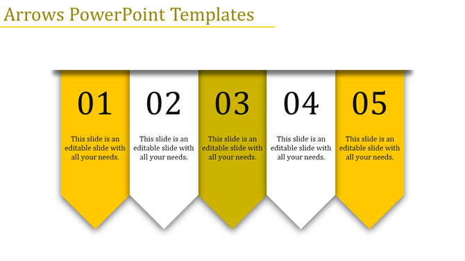 Arrows PowerPoint template with five vertical segments in yellow and white, numbered 01 to 05, for step by step content.