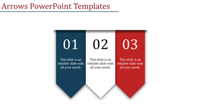 Three numbered vertical banner like arrow shapes in blue, white, and red, arranged sequentially with text sections.