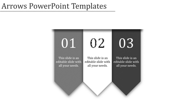 Three arrow PowerPoint template in grayscale, highlighting numbered sections with text.