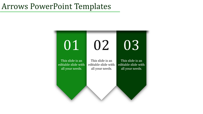 A PowerPoint slide with three numbered steps, each with green and white arrows with placeholder text.