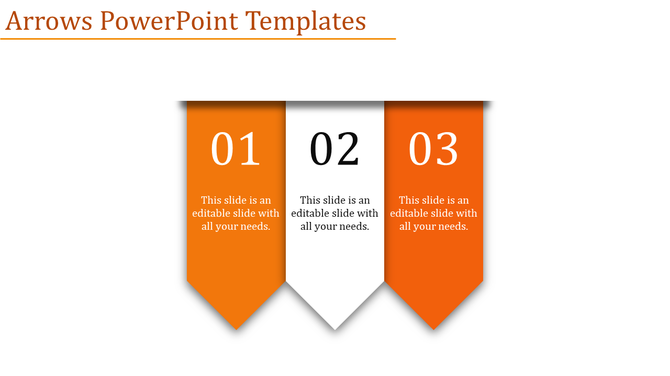 Orange themed arrows PowerPoint slide with numbered sections 01, 02, and 03 for organizing content.