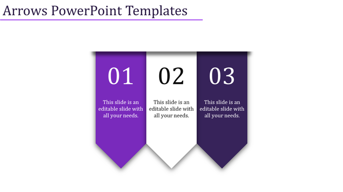 A PowerPoint slide with three numbered steps, each with purple and white arrows with placeholder text.