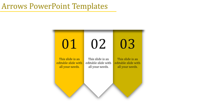 A PowerPoint slide with three numbered steps, each with yellow and white arrows with placeholder text.