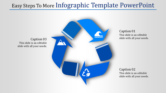 Infographic PowerPoint template with a circular blue arrow design and three captions for content.