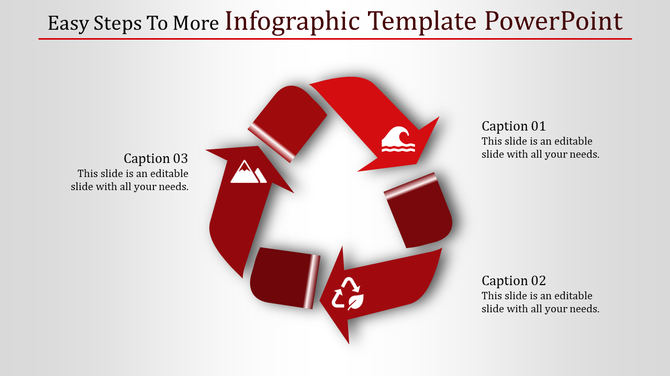 Red infographic PowerPoint template with a recycling themed circular arrow design and three captions.