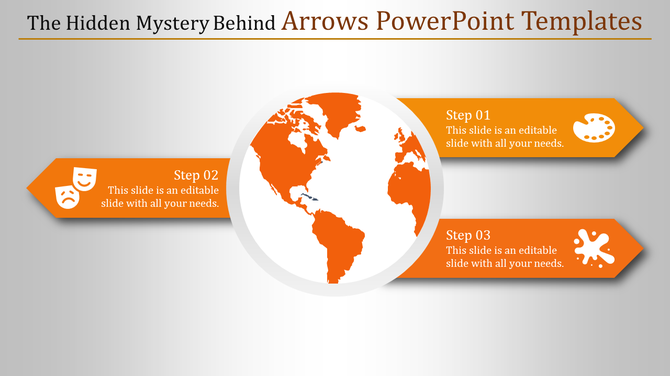 Orange themed infographic with a globe at the center and three arrows labeled Step 03 for process illustration with icons.