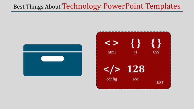 Technology themed PPT slide featuring a toolbox icon and a red panel showcasing coding languages like HTML, JS, and CSS.