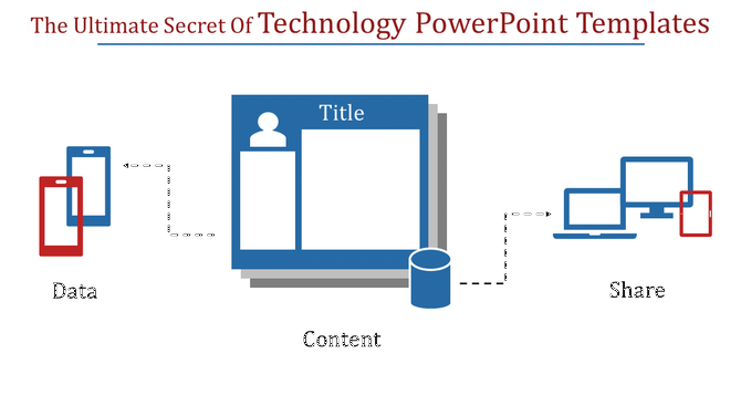 Technology slide featuring a rocket launching from a laptop screen with four pie charts labeled captions areas.