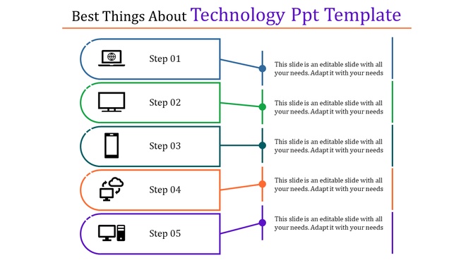 Technology slide with five outlined boxes connected to icons, in blue, green, gray, orange, and purple.