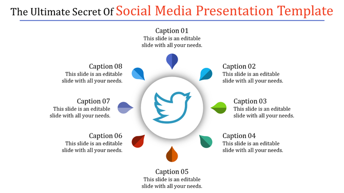 Social media presentation template featuring a central Twitter icon surrounded by eight colorful bubbles for content input.