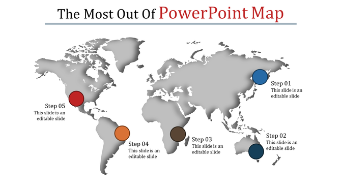 World map with five colored circular markers for steps 01 to 05 placed across continents, with captions.