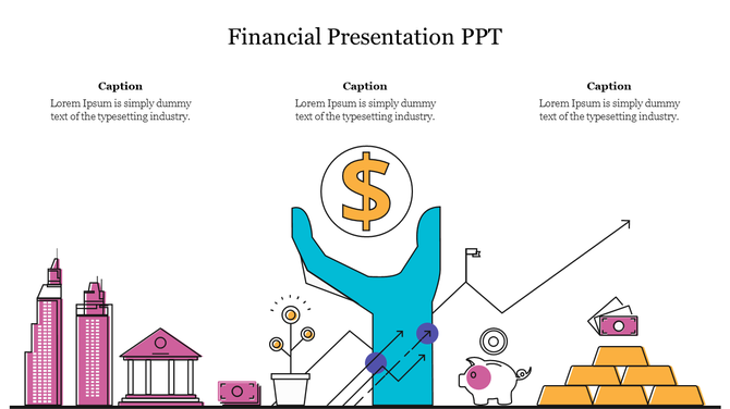 Financial-themed slide showing a hand holding a dollar sign, alongside icons of economic growth and investment.