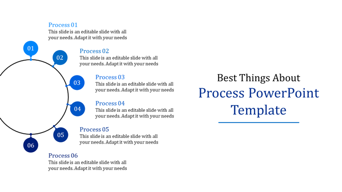 Process template featuring a circular layout with six blue nodes, each connected to caption areas.