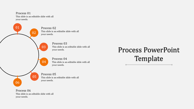 PowerPoint template featuring six circular process steps with numbered captions for each stage.