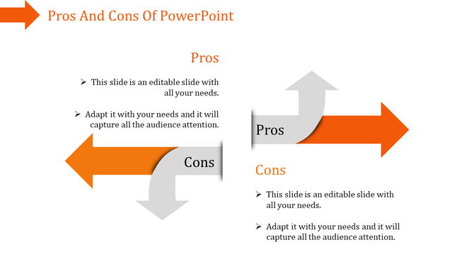 A PowerPoint slide comparing the pros and cons, with arrows pointing in opposite directions, each labeled with content.
