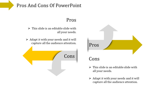 Pros and cons layout with yellow and gray curved arrows, with descriptive text on a white background.