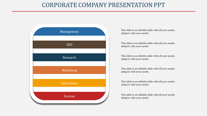 Infographic with six horizontal color coded segments in a rounded box, representing steps in corporate strategy.
