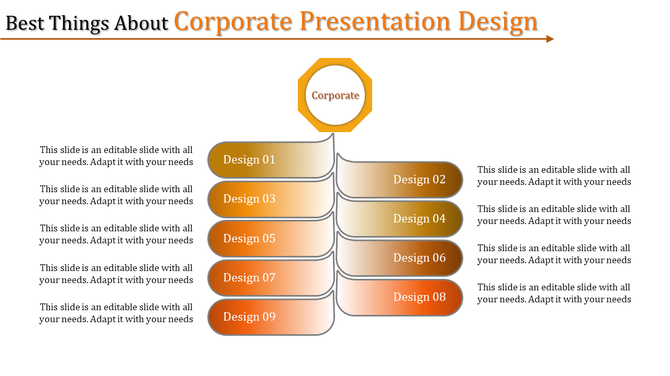 Corporate flowchart featuring a hexagon at the top with two columns of gradient boxes, each labeled with designs.