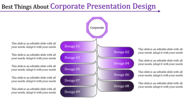 Corporate presentation slide with a purple hexagon at the top, leading to stacked gradient boxes labeled design 01 to 09.