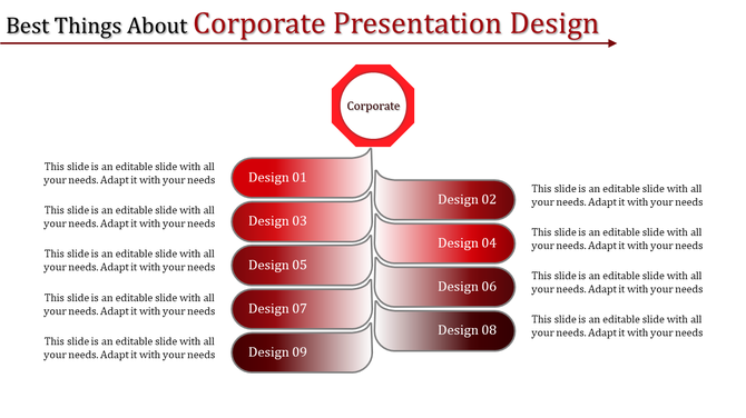 Central octagon with nine gradient red oval segments branching out, paired with text descriptions.