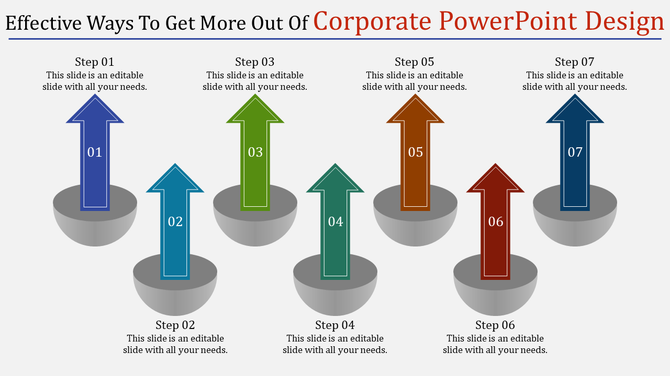 Corporate PowerPoint slide featuring seven steps with arrows pointing upward in different colors.