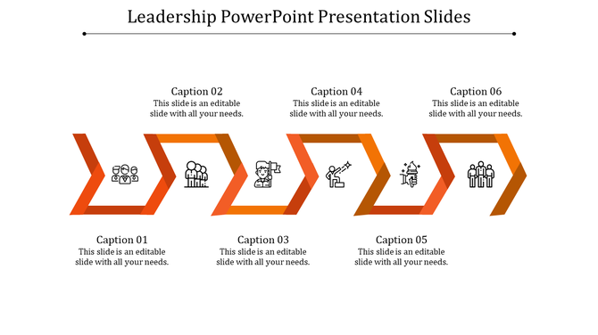 Leadership PowerPoint presentation slide with content and icons representing teams, leadership, and collaboration.