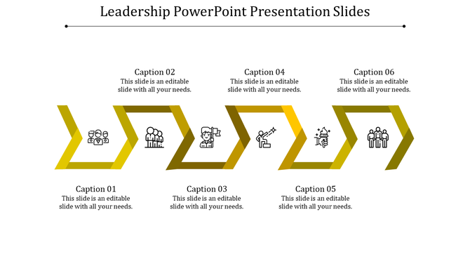 Golden zigzag infographic showcasing six stages of leadership with icons and captions, on a white background.