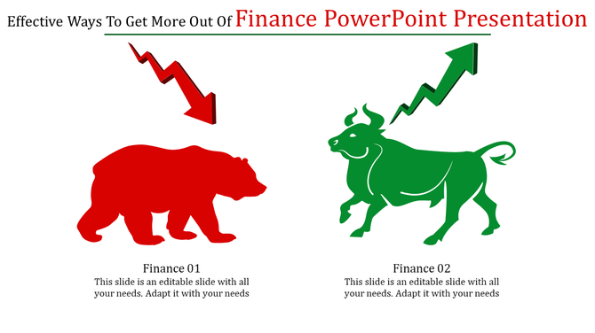 Finance presentation slide features a bear symbol with a downward arrow and a bull symbol with an upward arrow.