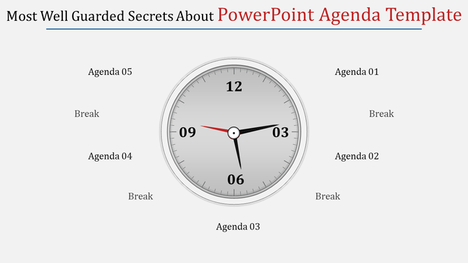 Analog clock design in a slide, displaying five agenda items and breaks positioned around the clock.
