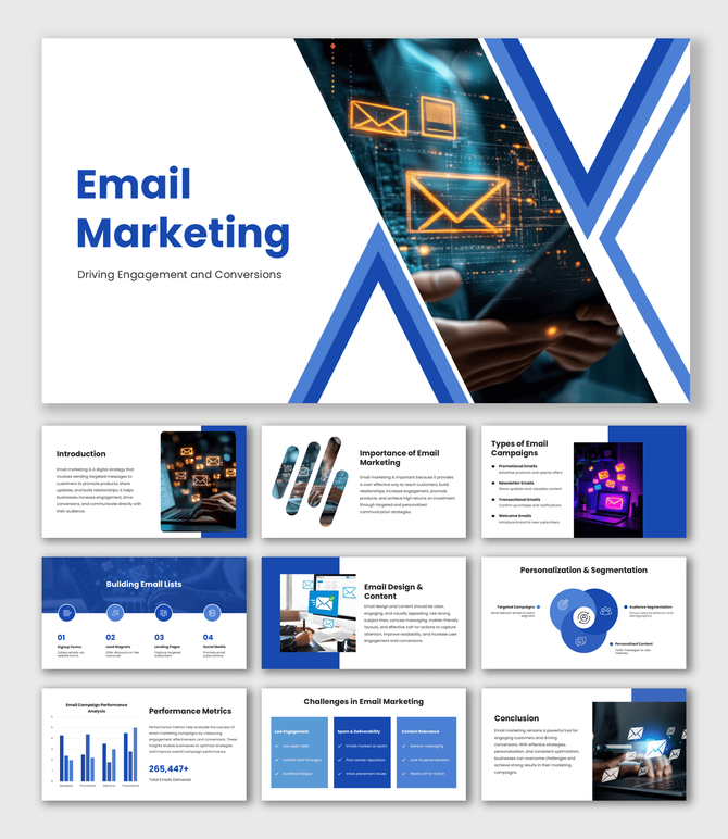 PPT On Email Marketing with blue theme, email icons, geometric shapes, and modern slide layout design.