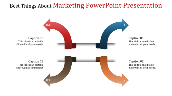 Four curved arrows in blue, red, brown, and orange, point to captions on each side of the slide for a marketing flow.