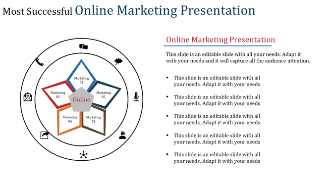 online marketing diagram with five colored segments labeled Marketing 01 to Marketing 05, surrounded by circular icons.