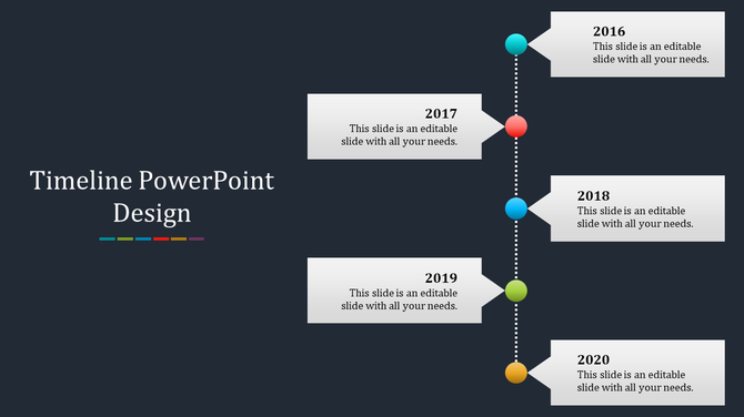 Vertical timeline with colored dots marking milestones from 2016 to 2020 on a dark background.