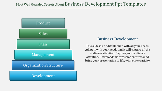 Six-tiered gradient pyramid representing business development stages from bottom to top with a caption areas.